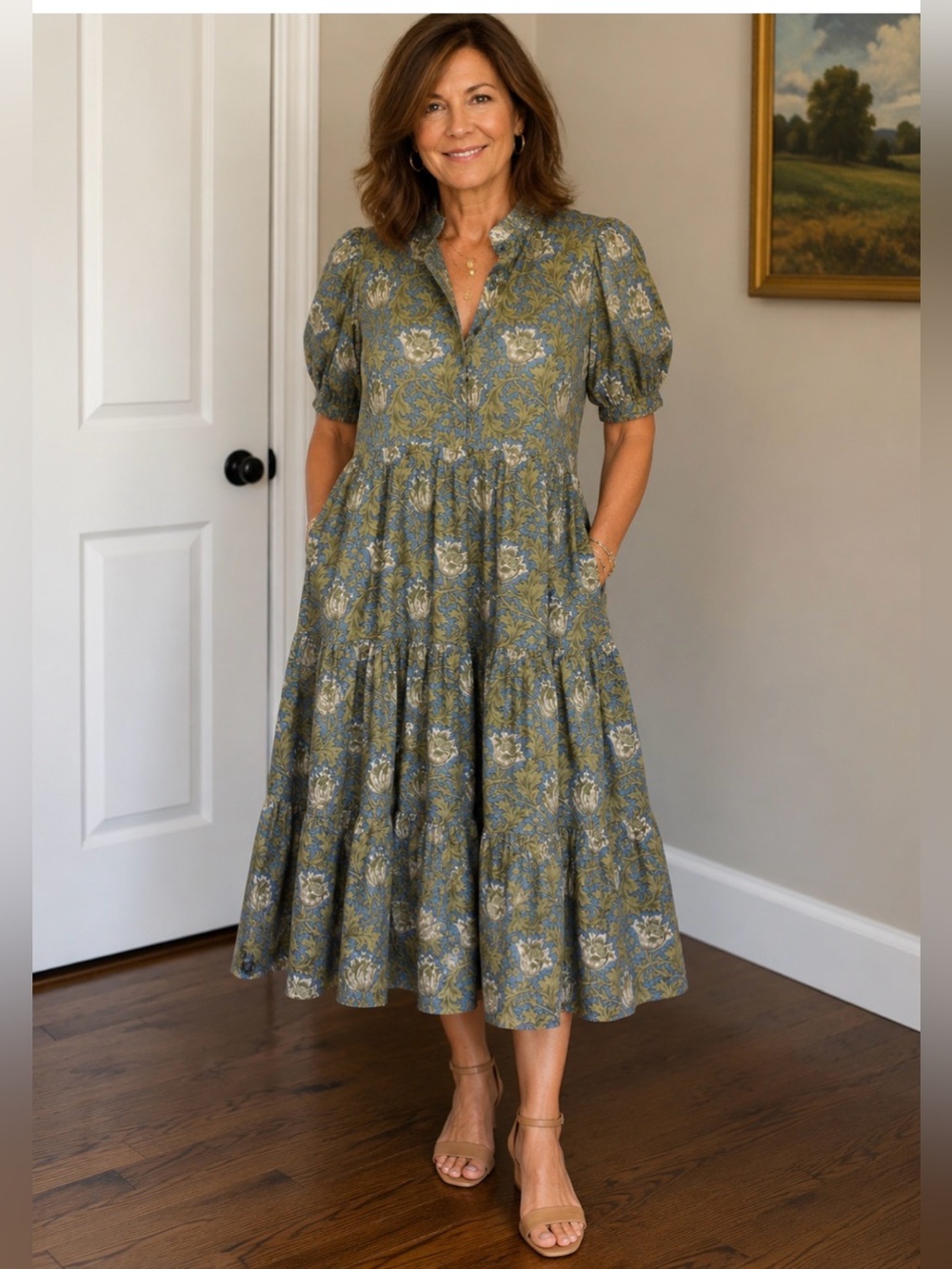 Hyacinth House Blue Green Floral Collared Tiered Midi Dress SMALL - Picture 3 of 13